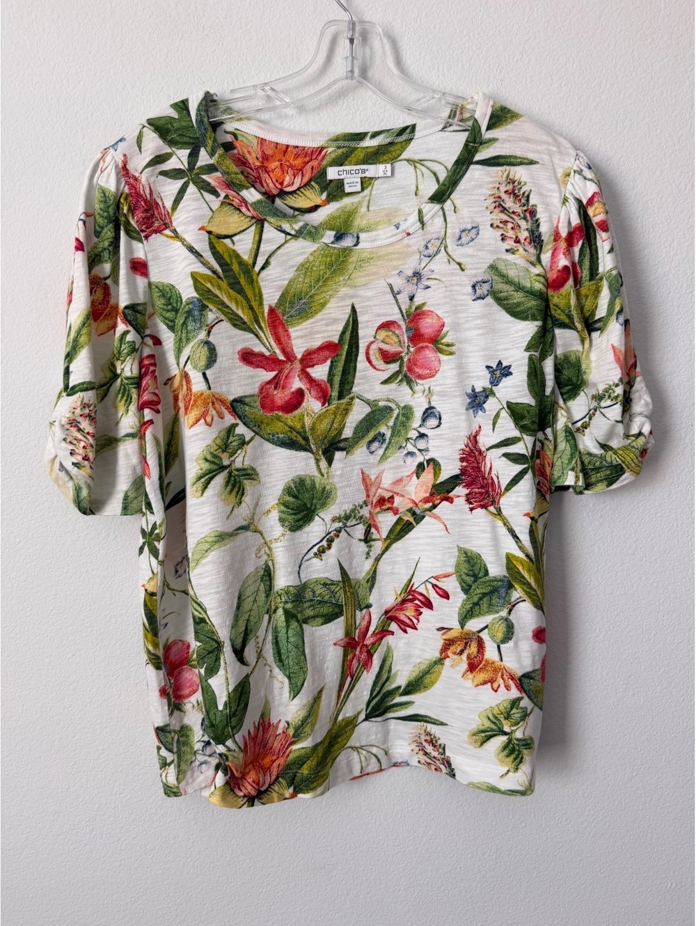 Chico’s Short Sleeve Scoop Neck Tropical Floral Cotton Blend T-Shirt Size 3 (XL)